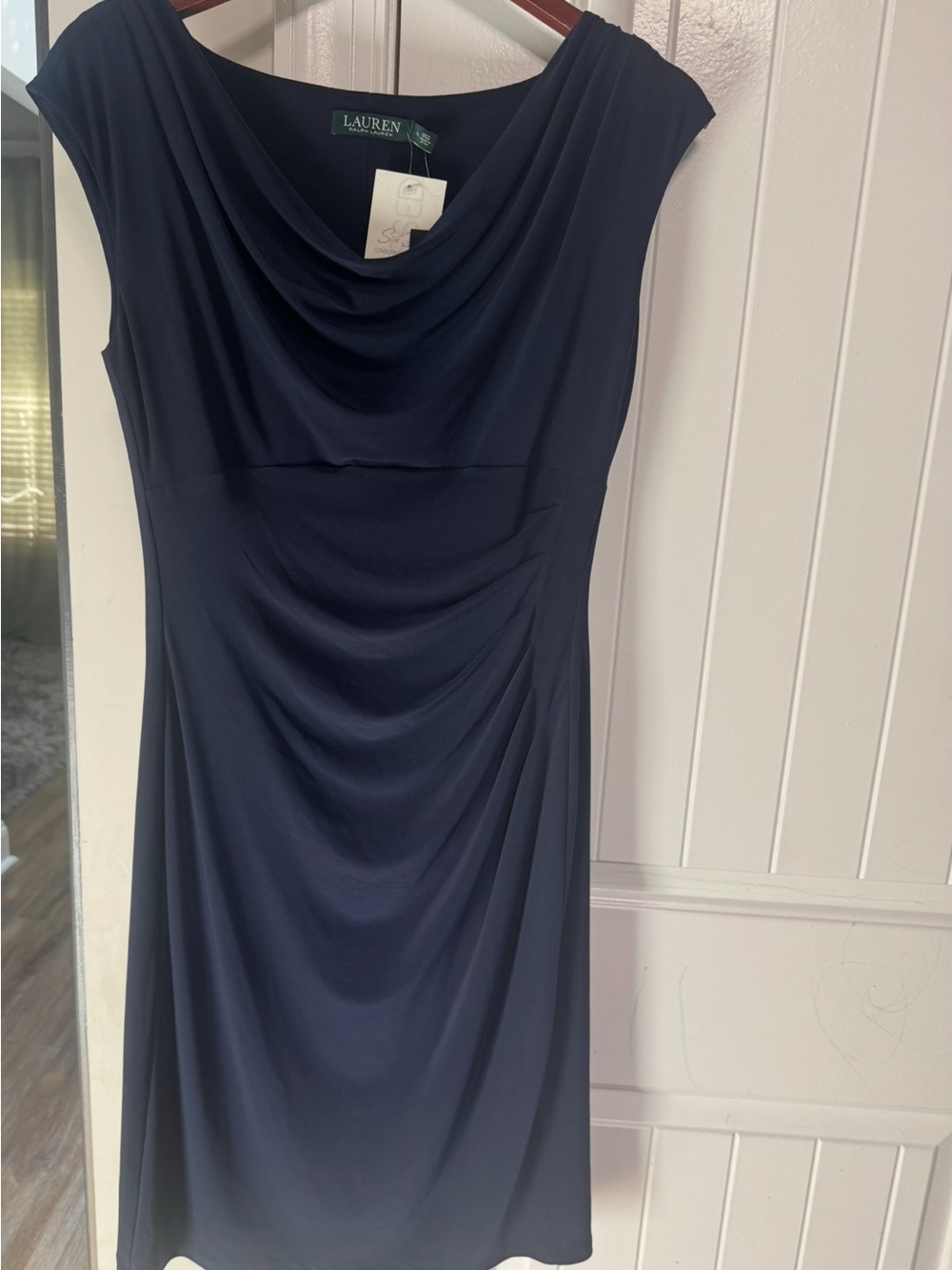Lauren Ralph Lauren Navy Ruched Cowl Neck Dress Size 10 NWT